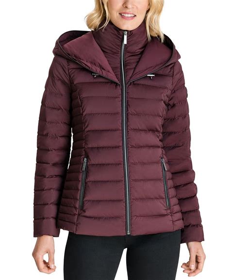 michael michael kors hooded stretch down packable puffer coat|Michael Kors lightweight puffer coats.